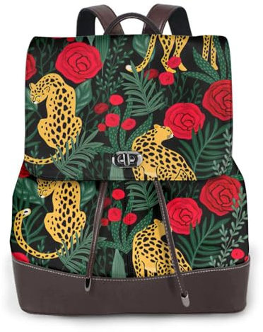 ASFgda Zaino da donna in pelle con stampa leopardata e rose, borsa per computer portatile da 14 pollici, zaino da donna alla moda per viaggi, lavoro, università