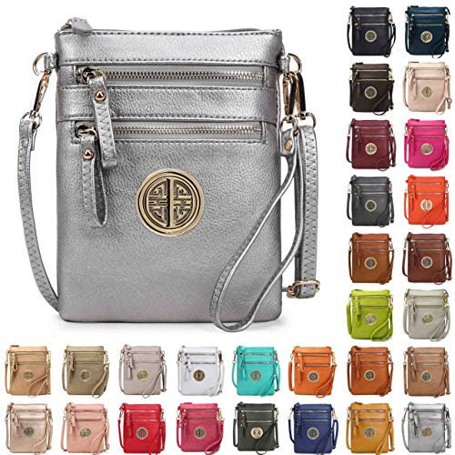 Solene Damen-Organizer aus Kunstleder, mehrere Reißverschlusstaschen mit abnehmbarem Handgelenk, Crossbody-Tasche mit Logo, Light Pewter, Medium