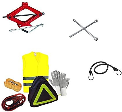 KIT ASSISTENZA PRONTO SOCCORSO MOTO KIT EMERGENZA STRADALE PER AUTO 6 ARTICOLI CRIC+GUANTI+CAVI BATTERIA+CORDA TRAINO+GIUBBOTTO FLUO+CHIAVE A CROCE PRODOTTI SOS PER TUTTI I VEICOLI