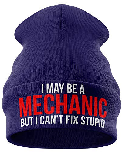 Purple Print House Mechanic Gifts - May Be a Mechanic Cant Fix Stupid - Funny Beanie Hat Mechanics Gifts Winter Hat Mens Gifts (Navy Blue)