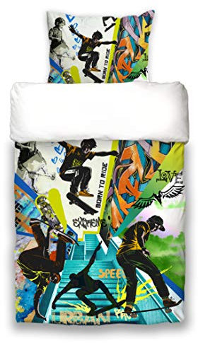 beties Graffiti Skateboard Wende-Bettwäsche-Set 2 teilig ca. 155x220 cm & 80x80 cm Skateboarding Cool feinste Baumwolle Multicolor