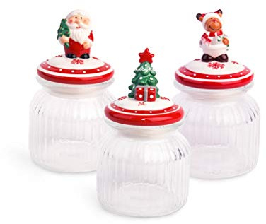 Excelsa Xmas Spoon Rest, Glass Jar, Ceramic Cap, Transparent Decorated, Capacity: 650 ml