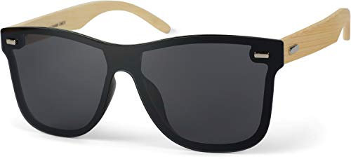 styleBREAKER Unisex Monoglas Nerd Sonnenbrille mit Bambus Bügeln und Polycarbonat Glas, Retro Style 09020112, Farbe:Gestell Hellbraun/Glas Grau getönt