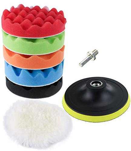 Polierschwamm Kit mit Bohr Adapter und Woll Waxing Pads, 7 teilige Polierpads für Auto, Polierer und Waxing (3 80mm/4 100mm/5 125mm/6 150mm/7 180mm)