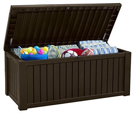 Koll Living Auflagenbox/Kissenbox 570 Liter l 100% Wasserdicht l mit Belüftung dadurch kein übler Geruch/Schimmel l Moderne Holzoptik l Deckel belastbar bis 250 KG (2 Personen) (Braun)