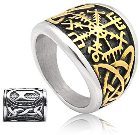 Gungneer Golden Stainless Steel Viking Compass Vegivisir Ring for Men Women, Norse Pagan Jewelry Ring Viking Rune Beard Beads Gift