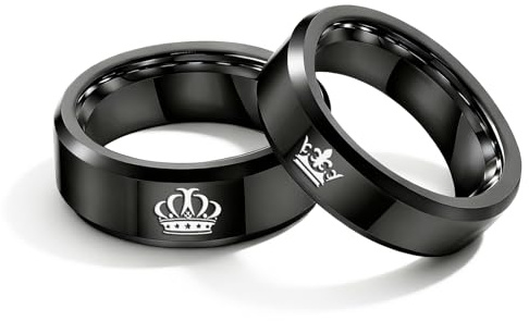 Hsumonre König Königin Gravierte Paar Ringe Versprechen Krone Passend Versprechen Ring Hochzeitstag Valentinstag Edelstahl Schwarz (Black(Her King&His Queen),Men7&Women7)
