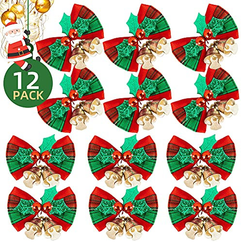 AOBETAK Small Christmas Bows With Bells For Decorations And Craft, 12 Pcs Mini Xmas Bow Set For Tree Wreath Garland Gift Decor Christmas Party Ornaments New Year Festival, Red And Green,5x4cm