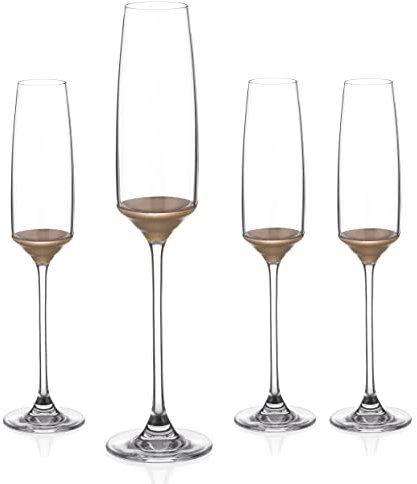 DIAMANTE Crystal Champagne Flutes or Prosecco Glasses - ‘Matt Rose Gold’ - Set of 4