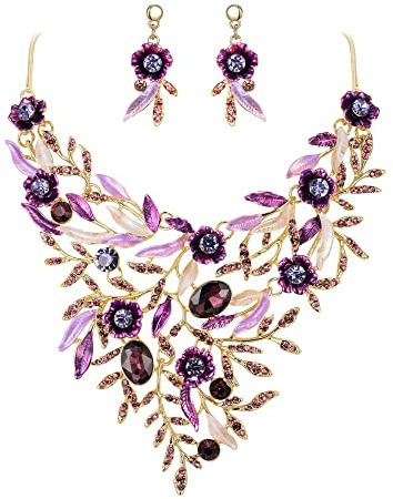 Clearine Matrimonio Sposa Foglia Cluster Jewellery Set per Donne Cristalli Fiore Smalto Statement Collana Orecchini Pendenti Gioielli Regalo Viola Oro-Fondo