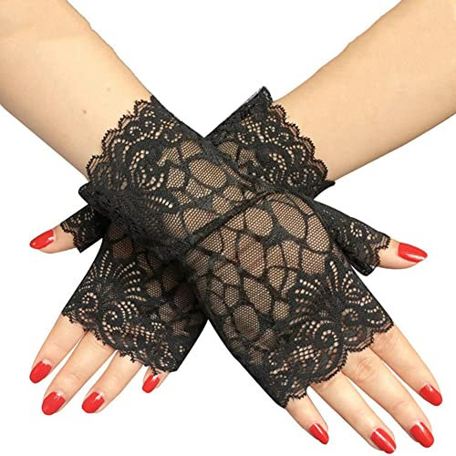 MoreChioce Damen Fingerlose Spitzen Handschuhe, 1 paar Elegant Blume Muster Kurz Fingerlos Spitze Handschuhe Half Finger Netzhandschuhe UV Schutz Fingerhandschuhe Brauthandschuh,Schwarz #B