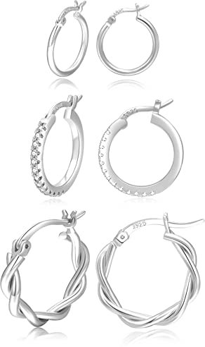 Silver Hoops Earrings for Women S925 Sterling Silver Post Hoop Earring Hypoallergenic Cubic Zirconia Small Silver Hoops Earring Set for Women 13/15 /20mm PABBEU