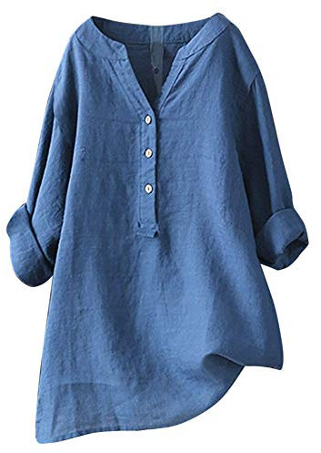 Leinen Bluse Damen Oversize Langarm Lose Leinenbluse V-Ausschnitt Knopf Einfarbig Blusen Hemd Shirt Sommer Herbst Longshirt Oberteile Tunika Lang Tops