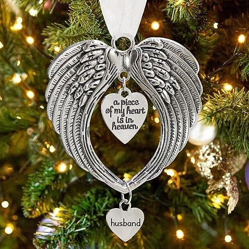 MOTONG Christmas Memorial Ornament Baubles, Angel Wings Pendants Shape ”a piece of my heart is in heaven” Two Sweet Heart Shaped Ornaments For Christmas Tree Hanging Decoration(Husband)