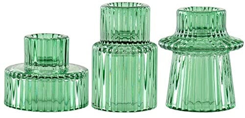 SPETYORT Clear Glass Candle Holders for Pillar Candles - Tabletop Decorative Candlestick Holders Set of 3 Fashion Taper Candle Stand for Dinner Wedding Party (Green, 3PCS)