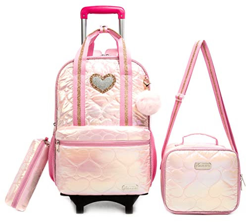 HTgroce Pinker Trolley Rucksack mit Rollen, Federmäppchen, Lunch Tasche 3 in 1 Rolling Schulranzen für Mädchen, Schulranzen Trolley Mädchen