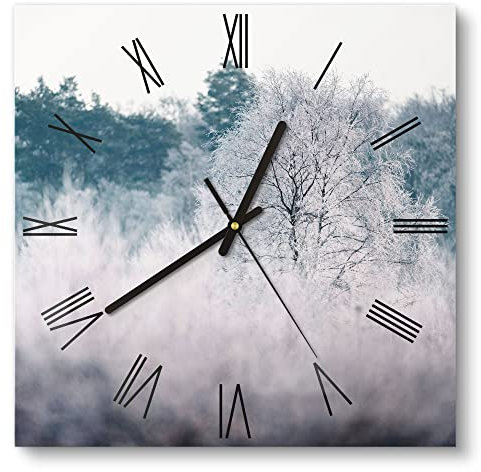 DEQORI Glasuhr | 30x30 cm | Motiv Eisiger Morgen im Wald | ausgefallene leise Design Uhr aus Glas | Wanduhr für Wohnzimmer & Küche | Moderne Hingucker Uhr für die Wand