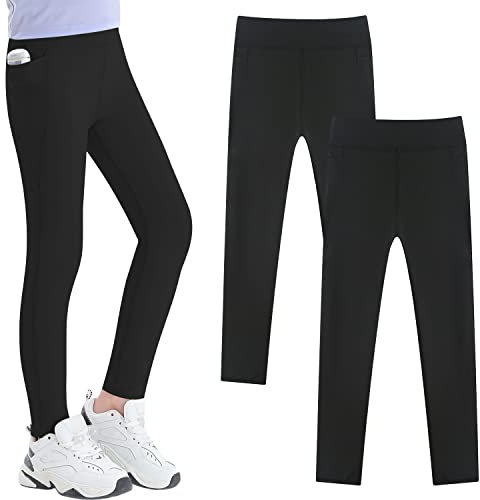 Adorel Mädchen Sport Leggings Lang Fitness Gymnastik Hosen Sporthosen 2er-Pack Schwarz (mit Tasche) 152 EU (Herstellergröße 160)