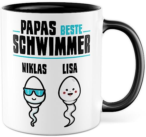 Tasse personalisiert Vater Geschenk, Papas bester Schwimmer - eigener Name Geschenkidee Kaffee-Becher Kaffeetasse mit Spruch lustig Vatertag Sohn Tochter zwei Kinder (Zwei Kinder Personalisiert)