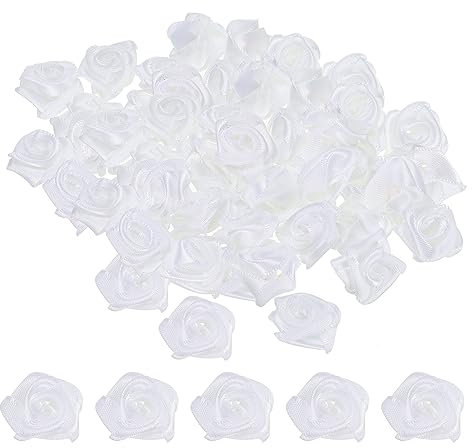 PATIKIL 1,5cm Mini Raso Nastro Rose, 50pz Piccoli Tessuto Fiori Abbellimenti Rosoni Applique per Fai-da-te Artigianato e Matrimonio, Bianco
