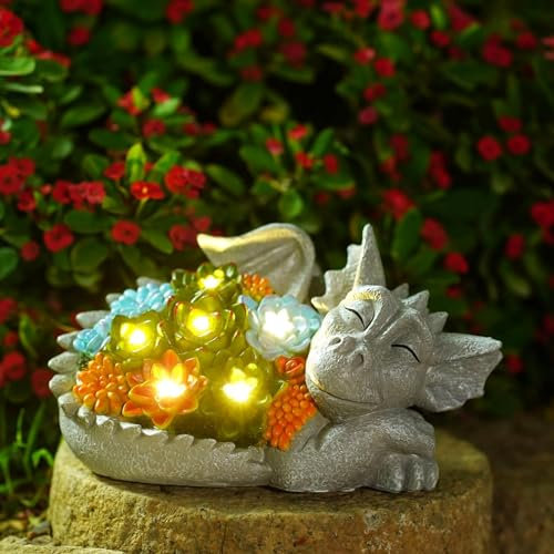 Yeomoo Drachen Figuren Deko mit Solar Lichterkette Aussen Gartendeko für Draußen: Dragons Gartenfiguren mit Sukkulenten LED Solarlampen Lustig Geschenke für Männer Frauen Mama Balkon Deko Wohnzimmer