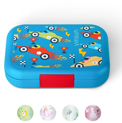 VINSUN Lunchbox für Kinder mit 4 Fächern - Auslaufsicher, BPA frei, spülmaschinengeeignet - Blaue Bento Box mit Auto Motiv für Kindergarten, Grundschule, Ausflüge