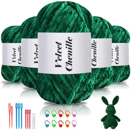 Maxee 500g(5×100g) Samtig Babywolle, Samt Chenille Garn mit Häkelwerkzeuge, Kuschelweich Velvet Chenillegarn Flauschige, Weich Plüschwolle Häkelgarn Wolle zum Stricken & Häkeln-Grün