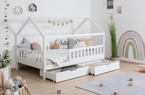 TiCAA Kinderbett Hausbett Montessori Kay 90x200, 100x200 cm, 120x200 cm, 140x200 für Jungen & Mädchen mit Schubladen, Rausfallschutz & Rolllattenrost - aus Kiefer Massivholz für Kinderzimmer