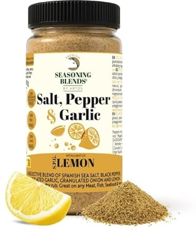 Premium Seasoning | Sazonador Sal Pimienta Ajo y Limón, 100% Natural sin ingredientes artificiales, Lemon Pepper with Spices, Especias para Cocinar Hamburguesa Costillas Pollo Pescado y otros, 275g