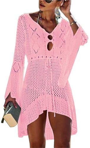 Jinsha Femme-Beachwear Vetements- Kimono Robes-Crochet Poncho Sarongs Couvrir Lacet Tunique Pareo Tenue Cache-Maillots Chemise de Plage Beach Bain Bikini Tropical Élégant Sexy Bohoême Chic Été(Rose