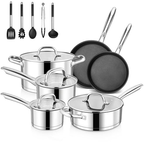 E-far Batterie de cuisine 15 pièces en acier inoxydable avec base 3 plis - Batterie de cuisine non toxique pour induction avec poêle à frire antiadhésive, passe au four et au lave-vaisselle -