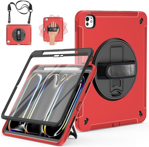 Miesherk Hülle für iPad Pro 13 2024 M4: 3-Schichte robuste stoßfest Case für iPad Pro 13 Zoll 2024 7.Generation mit Displayschutzfolie-Stifthalter-Drehbare Ständer-Handschlaufe-Schultergurt-Rot