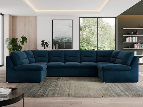 MKS MEBLE Sofa XXL U-Form, Wohnlandschaft U Form mit Schlaffunktion, Sofa mit Schlaffunktion, Schlafsofa, Wohnzimmer Couch mit schlaffunktion - Morbido U - Dunkelblau Velvet