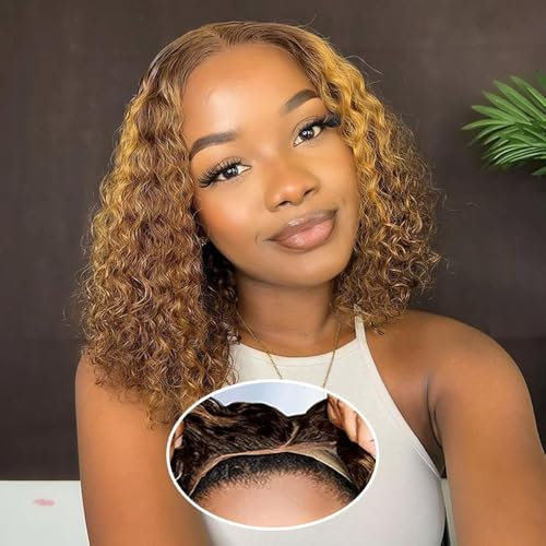 Wear to Go Perücke Highlight Blond Ombre 4/27 Damen Natürliche Echthaar Perücke Pre Cut 4x4 Lace Wig Human Hair 12 Rein Deep Curly Glueless Lace Frontal Bob Perücken for Black Women