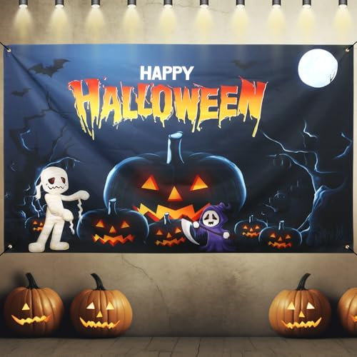 Fondo de Fiesta de Halloween, 180x110cm Grande Pancarta de Halloween con Calabazas Fantasmas Tumbas Poliéster Telón de Fondo Halloween Decoraciones de Halloween para Exteriores e Interiores