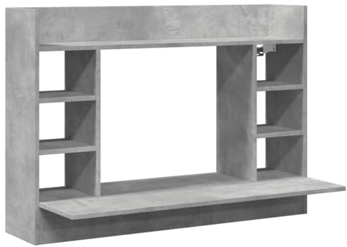 vidaXL Wall-Mounted Desk - Concrete Grey Engineered Wood, Folding Drop-Leaf Table - Top Shelf & Side Compartments - Ideal for Office/Bedroom/Dormitory