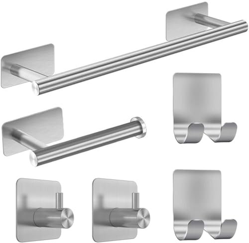 Juego de Accesorios de Baño, Toalleros de Baño sin Taladro 6 Piezas, Toalleros de Baño Accesorios Baño de Acero Inoxidable, Juego Accesorios Baño Contiene Toallero Adhesivo Baño Portarrollos