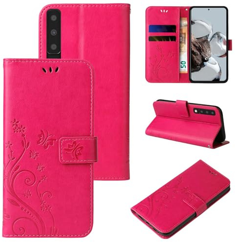LBH Handy Hülle für Samsung Galaxy A7 (2018) Case Handytasche Schmetterling Blumen Flower Standfunktion Schutzhülle Magnet Rundum Schutz 360 Grad Flipcase Cover Pink