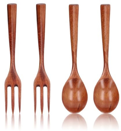 Juego de tenedores de cucharas de madera, cubiertos de madera, cubiertos reutilizables, juego de utensilios de cena de madera para cocinar, revolver, comer, 2 cucharas y 2