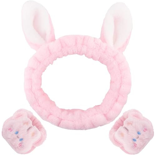 Bandeau Cheveux Femme Maquillage Lapin, 3 Pièces Serre Tete Maquillage Rose et Bracelet Eponge Poignet pour Demaquillage Manchette Skincare et Bandeau pour Spa, Yoga, Lavage Visage