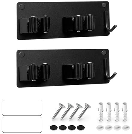 Pack 2 Soportes Escobas y Recogedores, Colgador de Pared Acero Inoxidable con Adhesivo o Tornillos, Escobero Ideal para Cocina, Garaje, Baño, Jardín y Utensilios de Limpieza