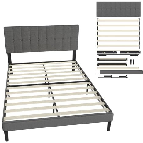UISEBRT Polsterbett 140 x 200 cm – Bettrahmen mit Knöpfen, Plattformbettgestell mit gepolstertem Kopfteil aus Leinen, Holzlattenstütze, Doppelbett für Erwachsene, Modernes Design (Dunkelgrau)