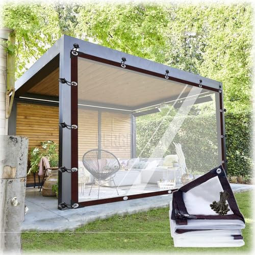 JIwqDY Rideau pour Terrasse Rideaux D'extérieur PVC Bâche Transparente avec Œillets Panneaux Latéraux Imperméables pour Balcons, Toits, Pergolas(16'x10'/5x3m)