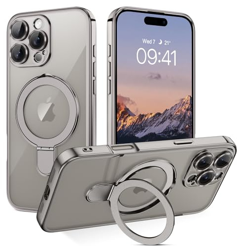 BENTOBEN Magnetic Case for iPhone 16 Pro [Compatible with Magsafe], Invisible Ring Stand Clear Back Soft TPU Plating Edge Military Grade Protection Shockproof Cover for iPhone 16 Pro, Natural Titanium