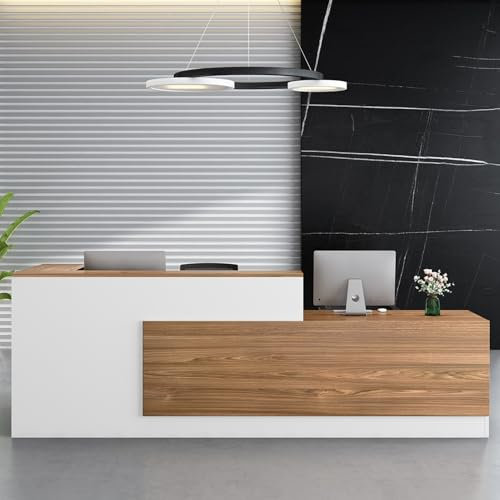 Heliosrider Empfangstheke, Empfangstisch, Einfach Moderner Empfangstresen, L-Förmiger Rezeptionstheke, Schreibtisch mit Theke Empfang, Holzwerkstoff, mit Tastaturschublade, Büromöbel, Ladentheke