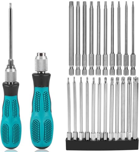 OUZHOU 22 Stück Bit Set Lang, Torx Schraubendreher Set 1/4 Bit-Handhalter, Magnetische Schraubendreher Lange Bits Set T6-T40, 100mm Hex H3-H8 Bitsatz Lang S2 Stahl Rostschutz