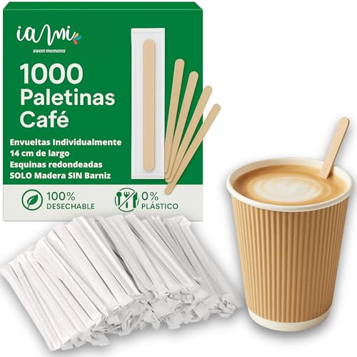 IAMI Paletinas de Madera para Café 14 cm | 1000 Uds Envueltas 1 a 1 | Sin barniz ni recubrimientos | 0,5 cm de ancho y 1 mm de grosor | Bordes redondeados | Bebidas calientes y frías