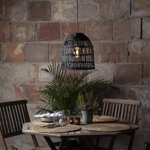 Lampenschirm BELL in Rattan Optik outdoor wetterfest für Garten Terrasse Balkon für E27 Fassungen schwarz H: 33cm Hängelampenschirm für Innen Außen in Korbgeflecht Stil (D: 30cm/schwarz-ohne Kabel)