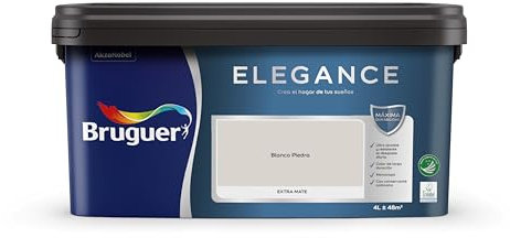 Bruguer Elegance Pintura Monocapa Extra Mate para Paredes y Techos, Interior y Exterior protegidos, Ultra Lavable, Resistente al Desgaste y Manchas, Con conservante Antimoho, Blanco Piedra 4 L