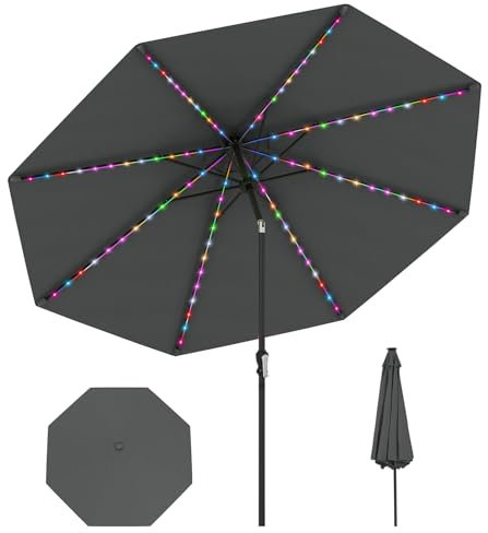COSTWAY Ombrellone da Esterno 288 cm, con 96 Luci LED, Ombrellone Giardino con Inclinazione Regolabile, Manovella, 8 Stecche e Top Ventilato, Parasole da Mercato per Giardino Spiaggia (Grigio)